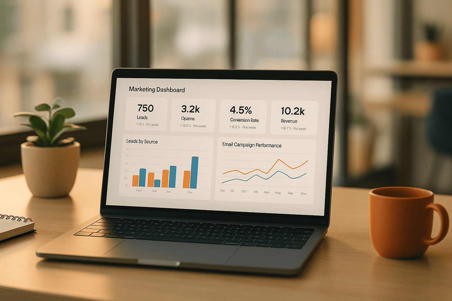 Laptop mit Marketing-Dashboard und Leistungskennzahlen zu Leads, Conversions und E-Mail-Kampagnen in einer modernen Schweizer Büroszene.
